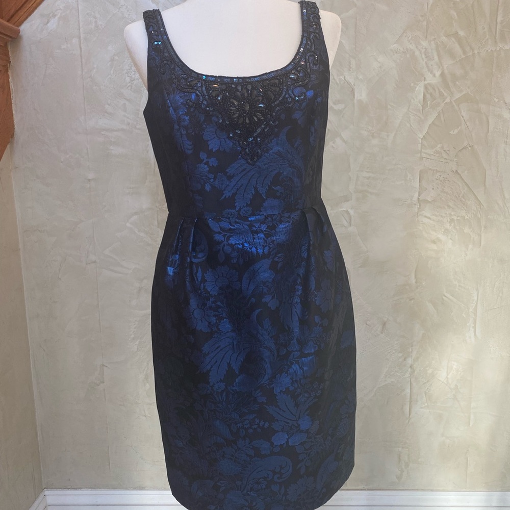 NWT Carmen Marco Valvo Navy Dress with Black Beading